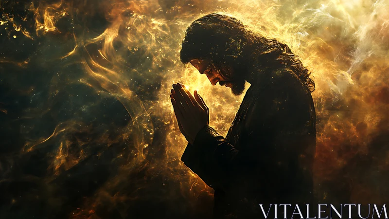 Silhouetted praying figure within swirling golden light field.