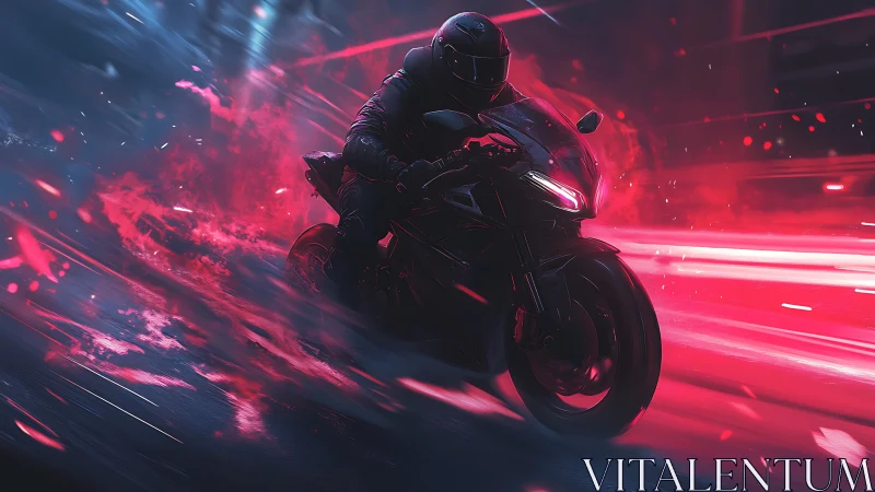 Neon storm rider leans into night, carving scarlet velocity