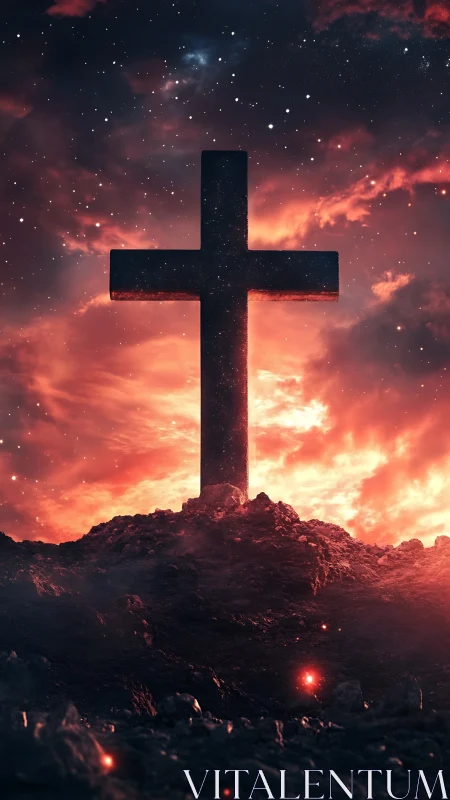 Monolithic cross silhouette against nebular, high-contrast sky