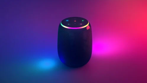 Smart Speaker Glow. Premium AI Device Against Vibrant Gradient.