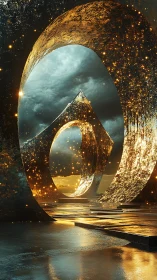 Celestial archway frames molten geometric portal dusk
