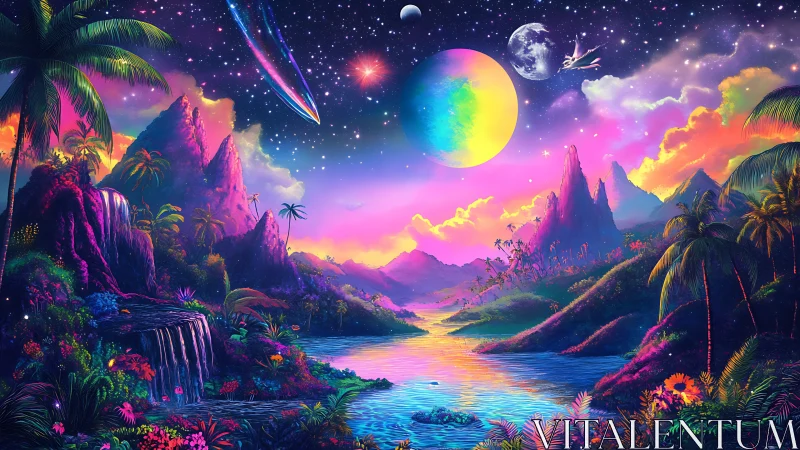 Neon tropical alien river under planets and shooting star.