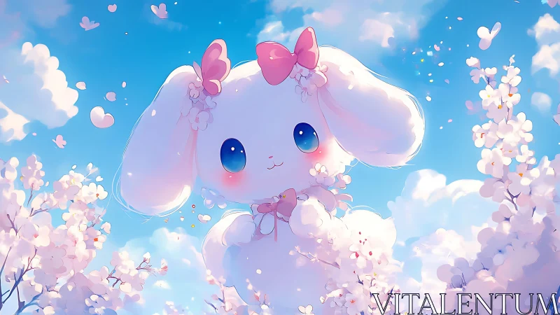 Large pastel rabbit character floats among stylized blossom clouds
