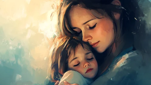Mother and Child in Warm Golden Light Embrace