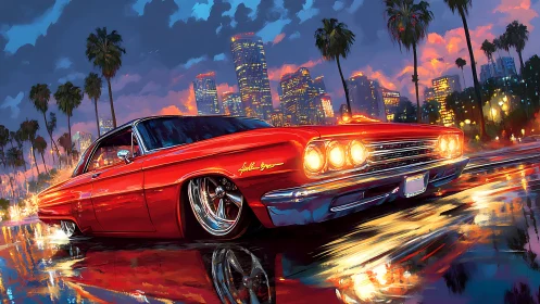 Lowrider muscle car glows across neon-soaked city streets.