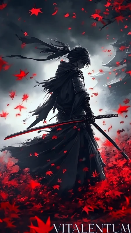 Samurai silhouette amid red maple leaves and dark temple.