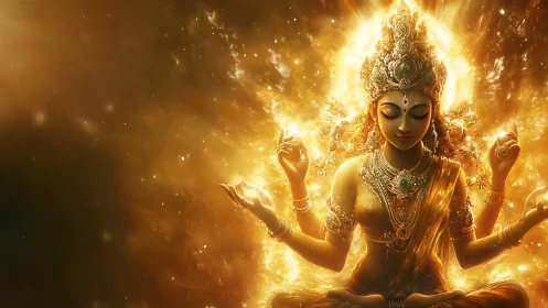 Golden four-armed goddess figure in radiant cosmic light