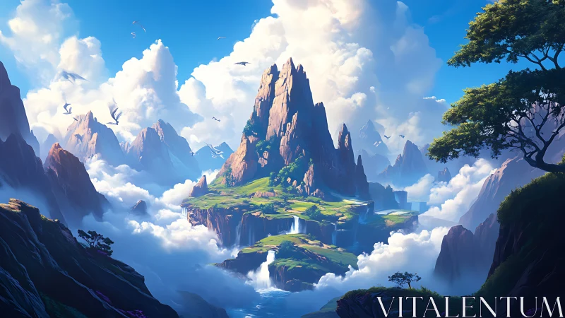 Skyborne valley of waterfalls crowned by towering emerald peaks.