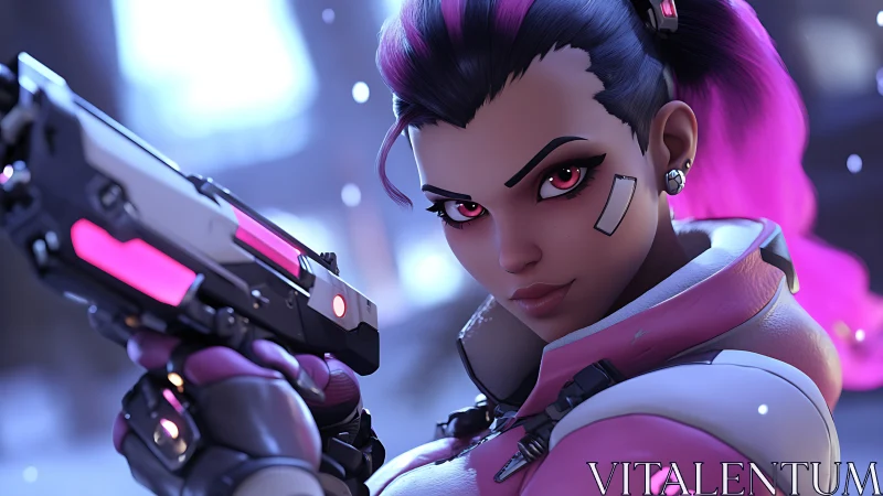 Cybernetic character holds pistol in close three quarter view