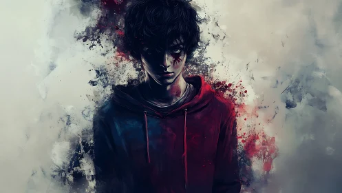 Haunted youth wrapped in crimson shadows and splintered light.