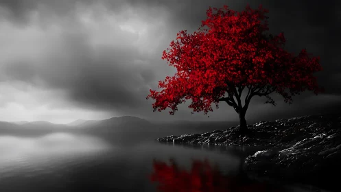 Solitary red-leaved tree on grayscale lakeshore landscape.