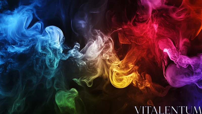Colorful smoke plumes form luminous gradients on black