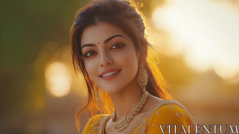 Golden hour portrait with shallow depth and bokeh rendering.