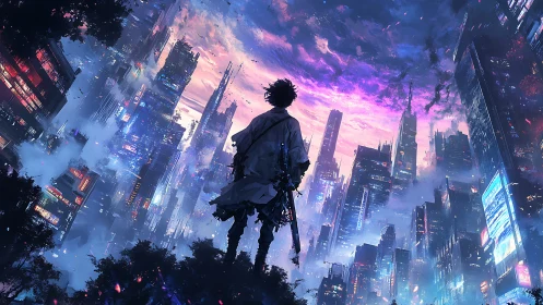 Lone wanderer confronts neon storm over fractured cybercity.