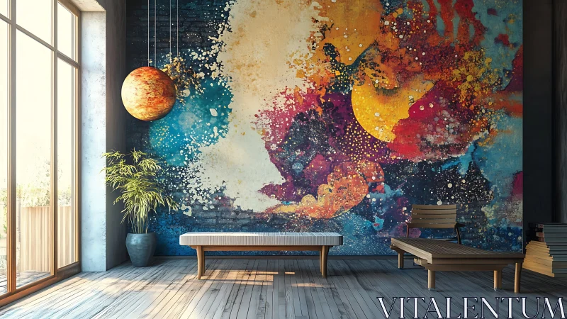Color-rich cosmic mural transforms modern sunlit lounge wall
