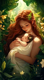 Mother cradling newborn in lush sunlit forest glade.