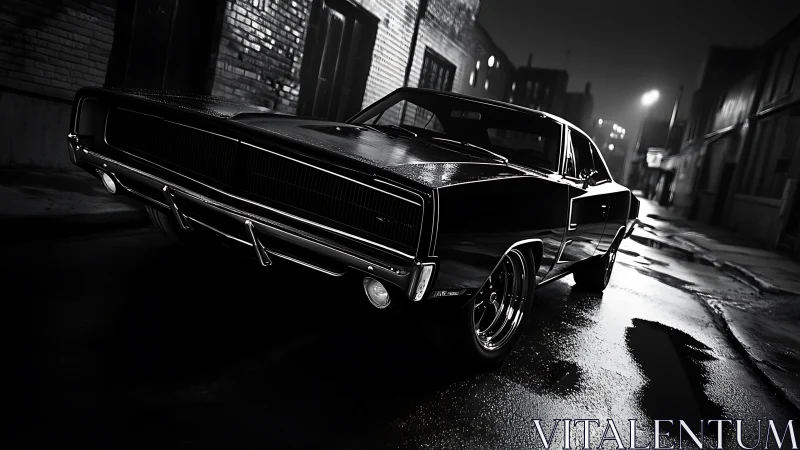 Photorealistic noir muscle car on wet urban backstreet at night.