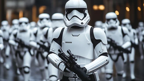 Armored ranks march in gleaming white urban corridor lines.