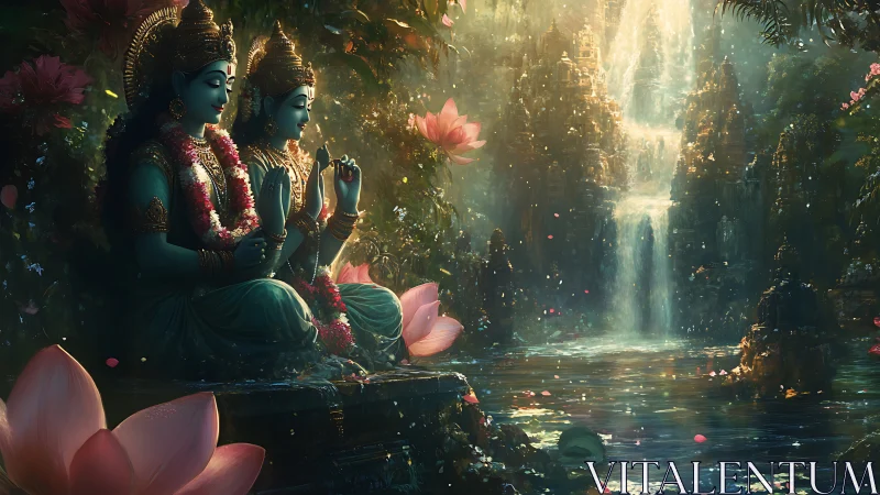 Divine turquoise deities beside luminous temple waterfall basin