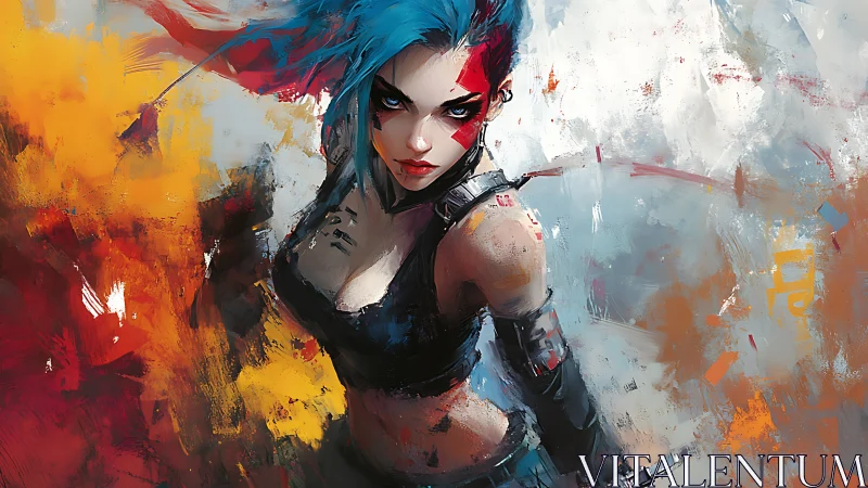 Fierce blue‑haired rebel framed in wild painted flames.