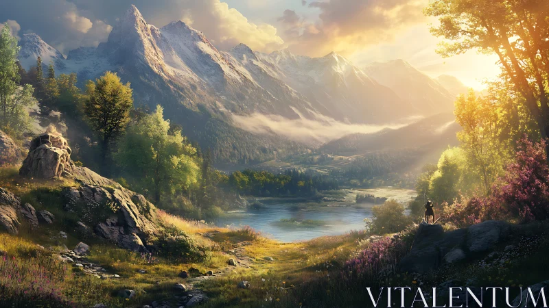 Lone traveler overlooking bright valley and snowy peaks.