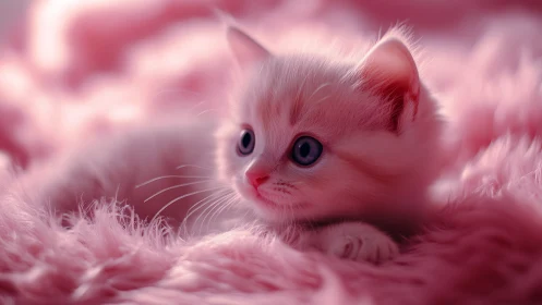 Pink Cat Kitten Resting in Soft Fluffy Environment