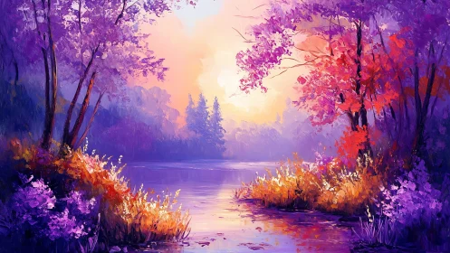 Vibrant purple lakeside forest at warm sunset light.