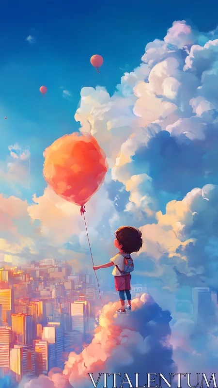 Dreaming boy on cloud above city with glowing balloon.