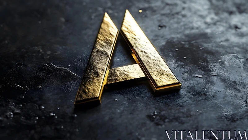 Golden Metallic Letter A with Textured Finish on Dark Surface.