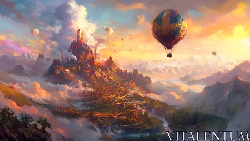 Hot air balloons float above a vivid fantasy mountain city