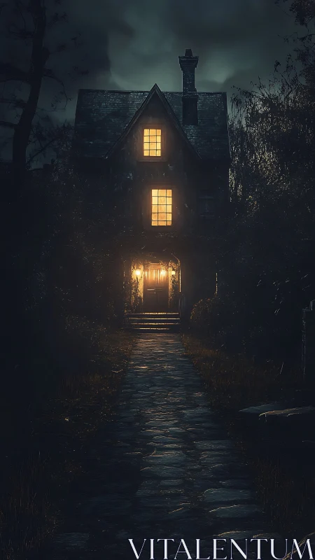Old dark house framed by lit windows at night