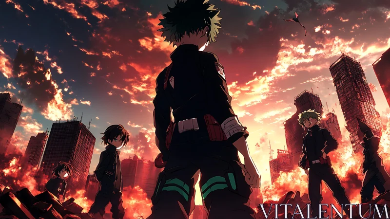 Anime heroes stand against burning post-apocalyptic cityscape.