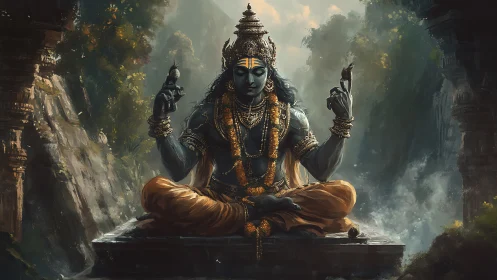 Serene blue deity in lotus pose amid ancient stone ruins.