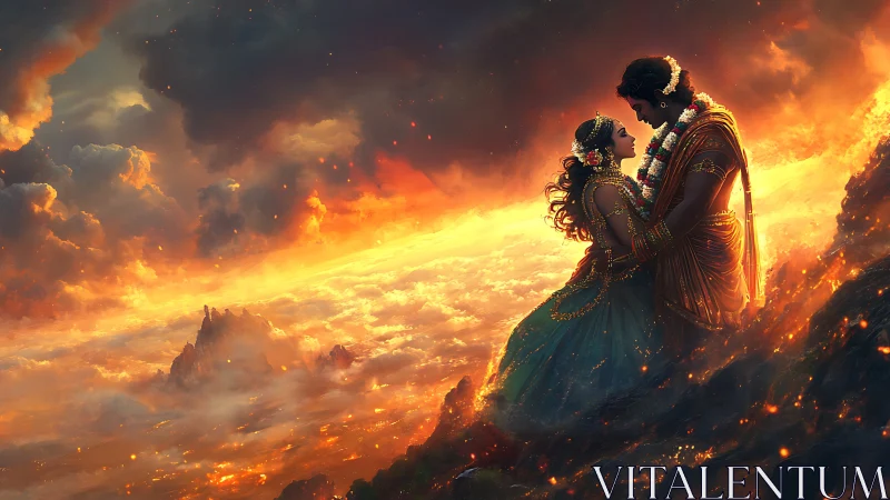 Divine Embrace Against Burning Skies.