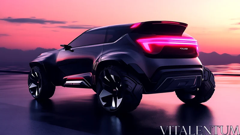 Concept SUV with neon LED lightbar under reflective sunset sky