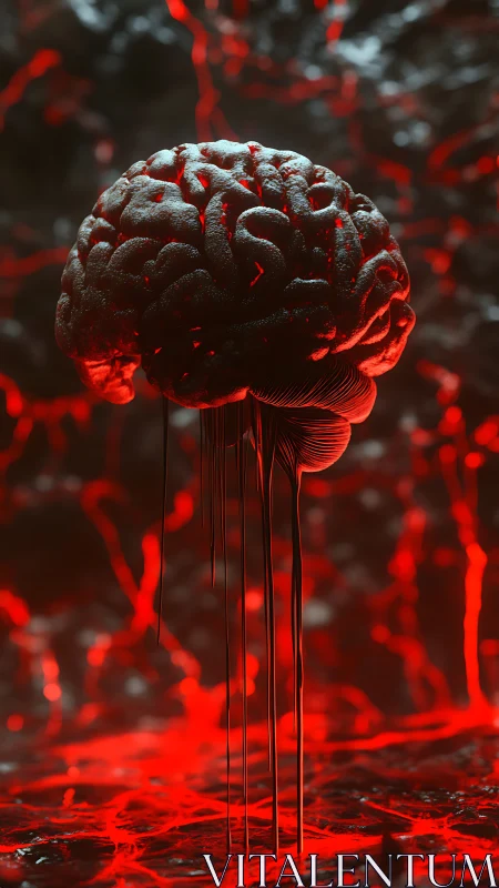 Suspended organic brain rendered in cinematic red backlight