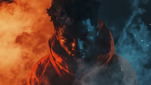 Portrait shows hooded subject amid opposing orange and blue smoke