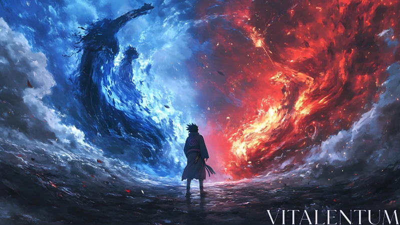 Bilateral elemental vortexes confront a lone cloaked figure in storm