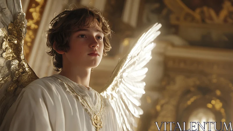 Young angelic figure glows in radiant golden cathedral light.