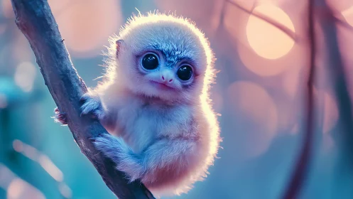 Cute baby monkey clings to branch in colorful forest glow.