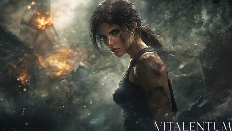 Fierce survivor emerges from chaos with unshakable resolve.