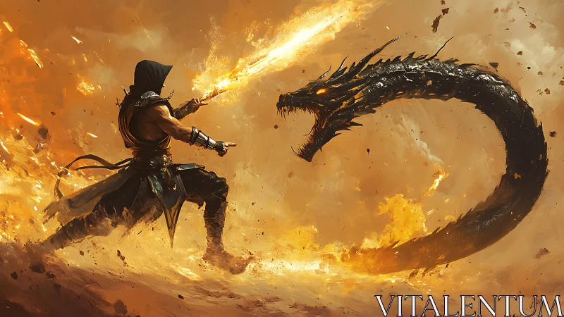 Dynamic digital painting of fire mage dueling draconic wraith.