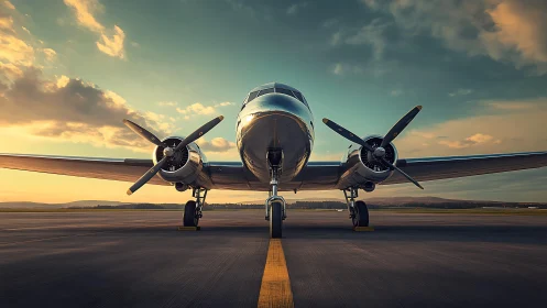 Vintage twin engine propeller airplane on runway at sunset.