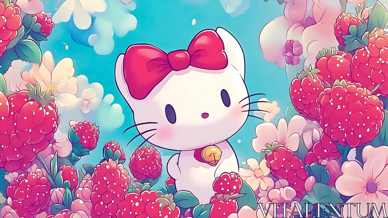 Kawaii white cat explores glowing raspberry garden scene.