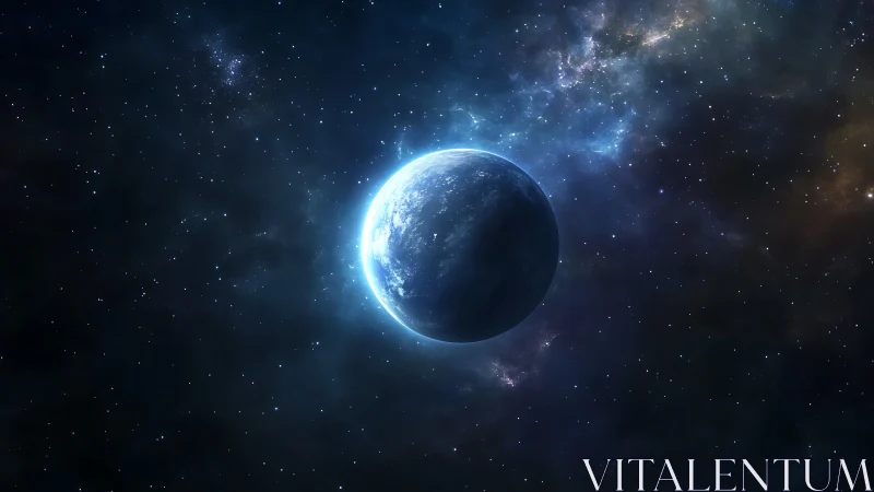 Distant blue planet in dark interstellar star field view.