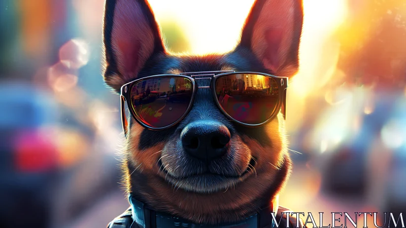 Sunglassed city dog quietly rules the golden-hour streets