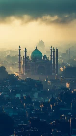 Misty sunrise over a green-domed city temple sanctuary.