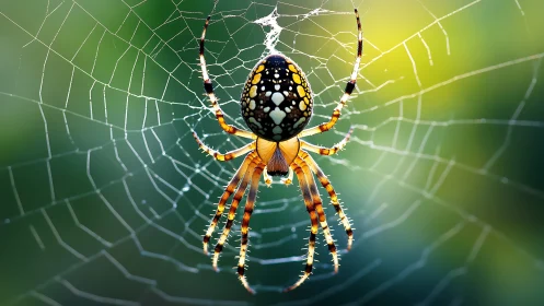 Orb-weaver spider centered on dew-lit web at sunrise.