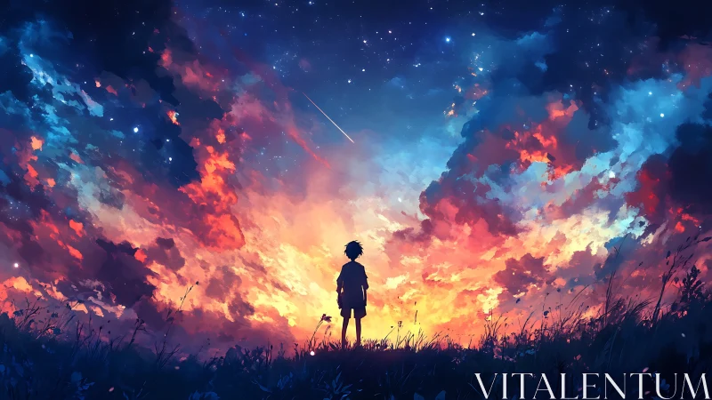 Silhouette of child under vivid fiery twilight sky.