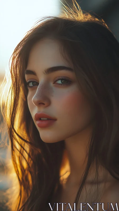 Soft sunset portrait with freckled gaze and golden glow.